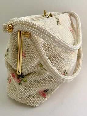 Vintage 1950s Lumured Corde Beaded Handbag Pink Flower Beaded Handled